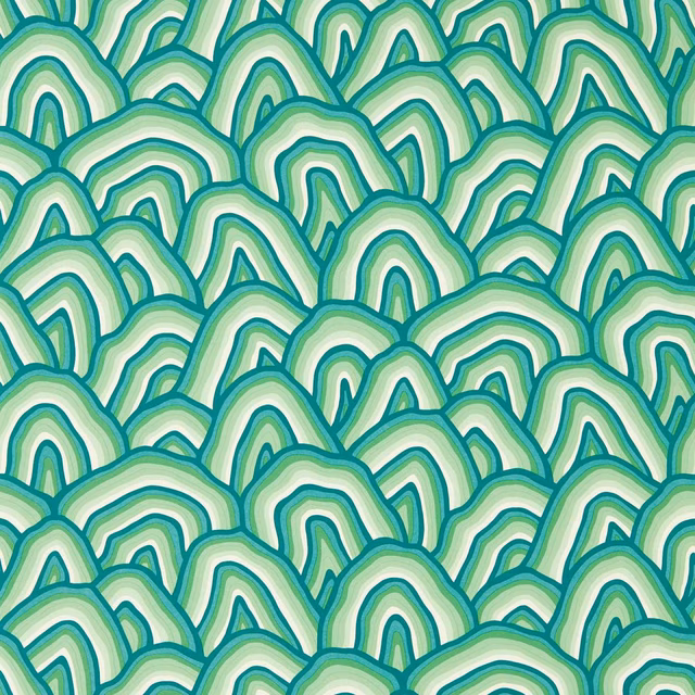 Teal, forest green and pale mint layered arches on Kumo Wilderness wallpaper