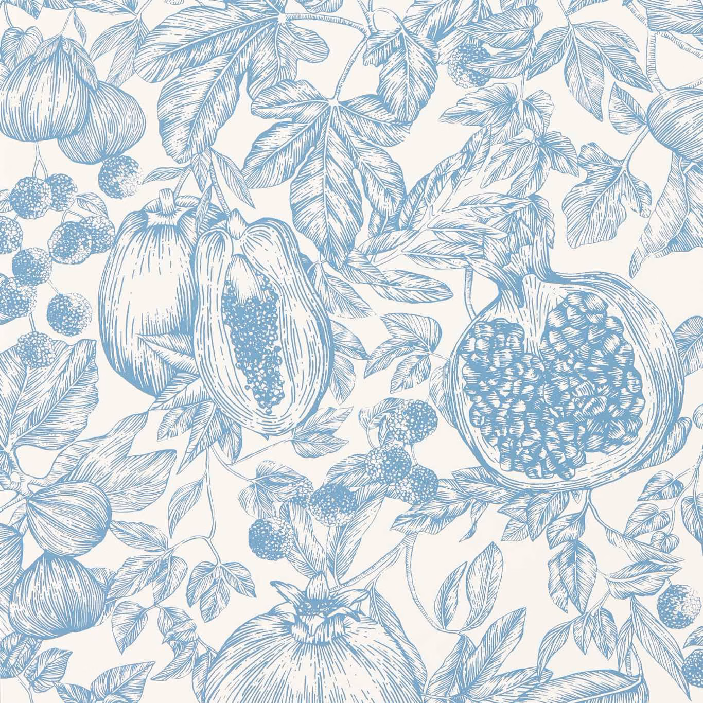 Pale blue pomegranates, berries and leaves on a warm cream wallpaper ground