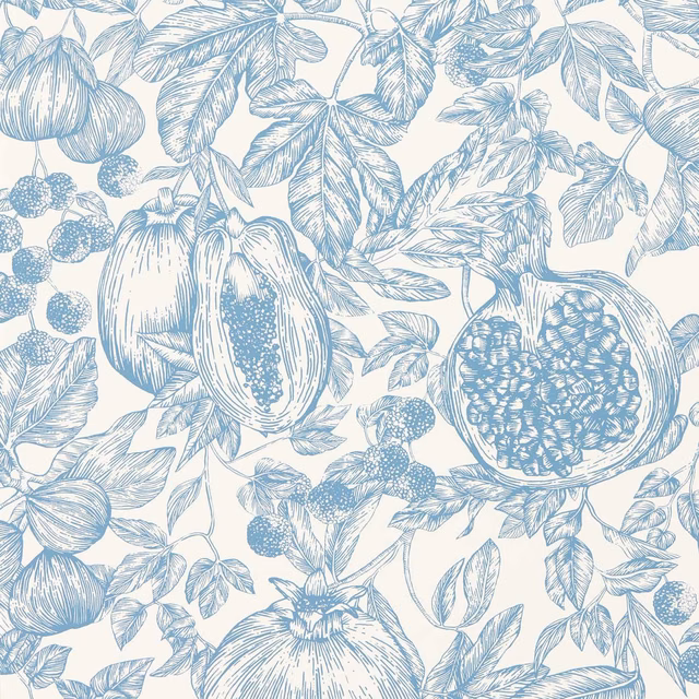 Pale blue pomegranates, berries and leaves on a warm cream wallpaper ground