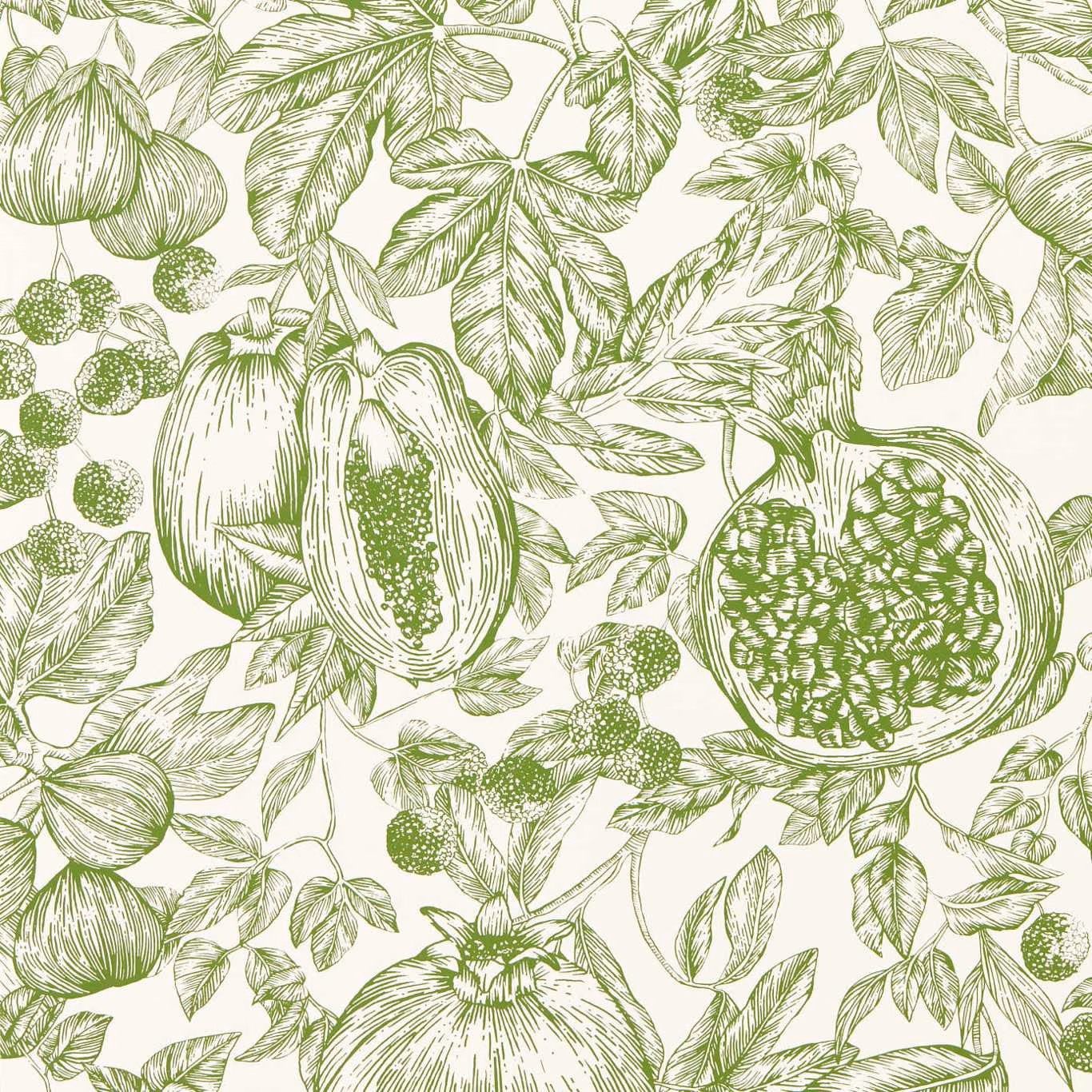 Moss-green pomegranates and leafy botanical linework on a warm ivory ground