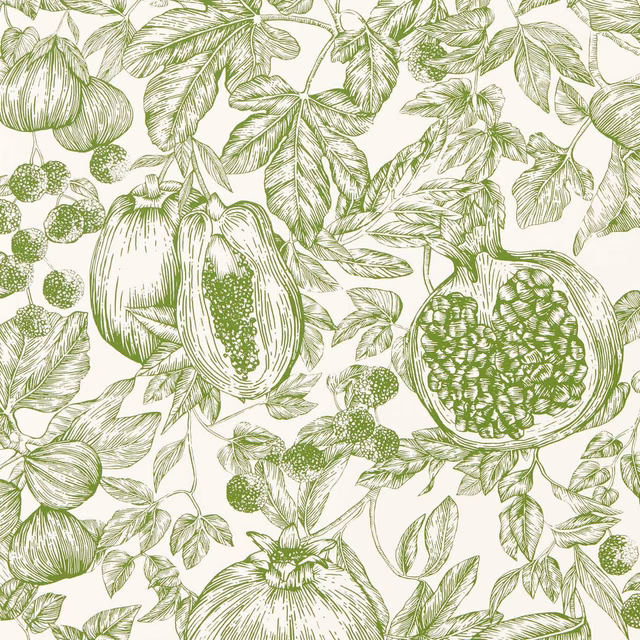 Moss-green pomegranates and leafy botanical linework on a warm ivory ground