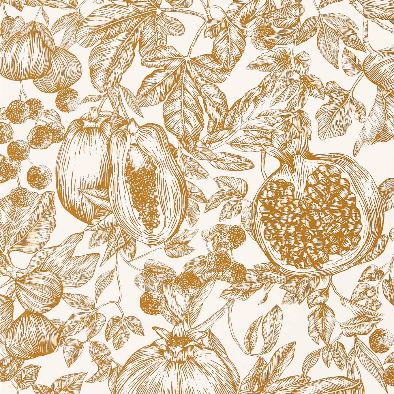 Cream wallpaper with sepia-gold pomegranates, berries and finely drawn foliage