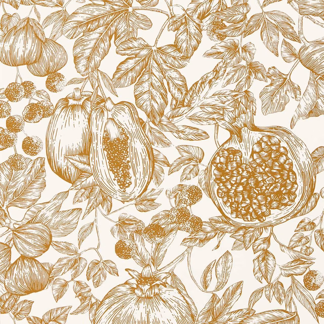 Cream wallpaper with sepia-gold pomegranates, berries and finely drawn foliage