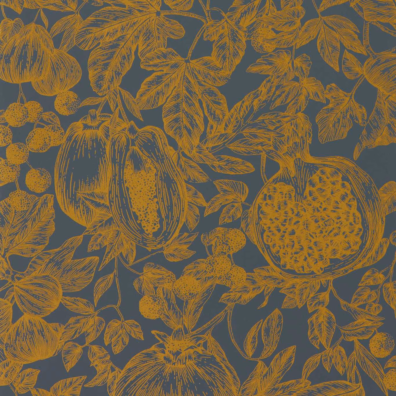 Slate blue wallpaper with ochre pomegranates, fruit and etched leafy botanical motifs