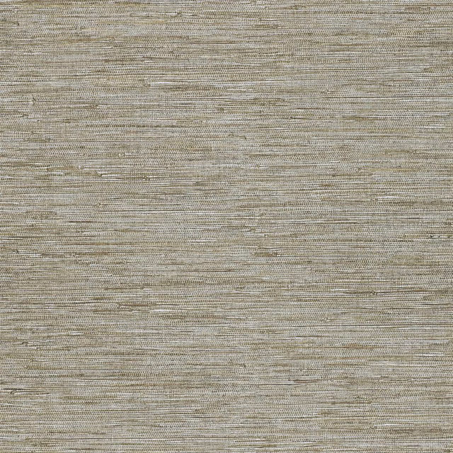 Close-up of greige taupe wallpaper with fine irregular horizontal raffia-like striations