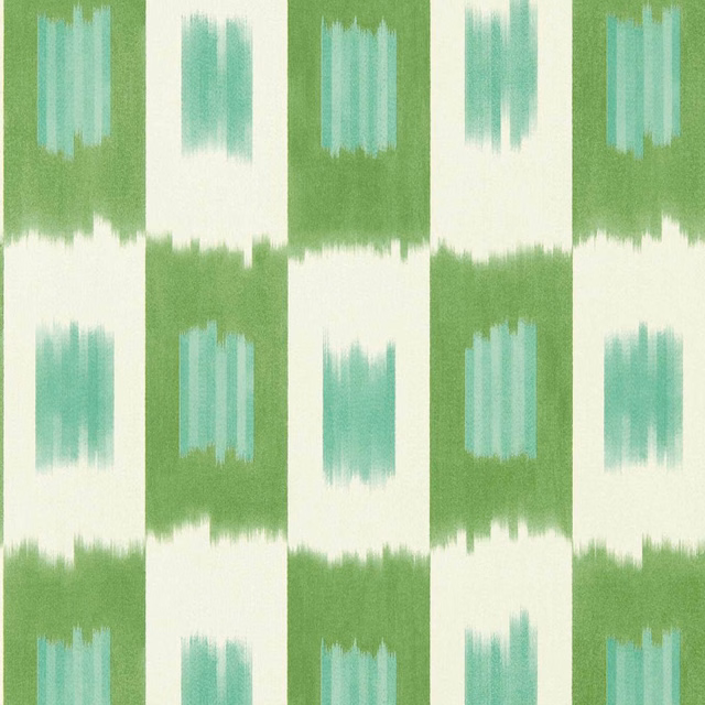 Emerald and forest green wallpaper with aqua brushstroke panels on a pale ground