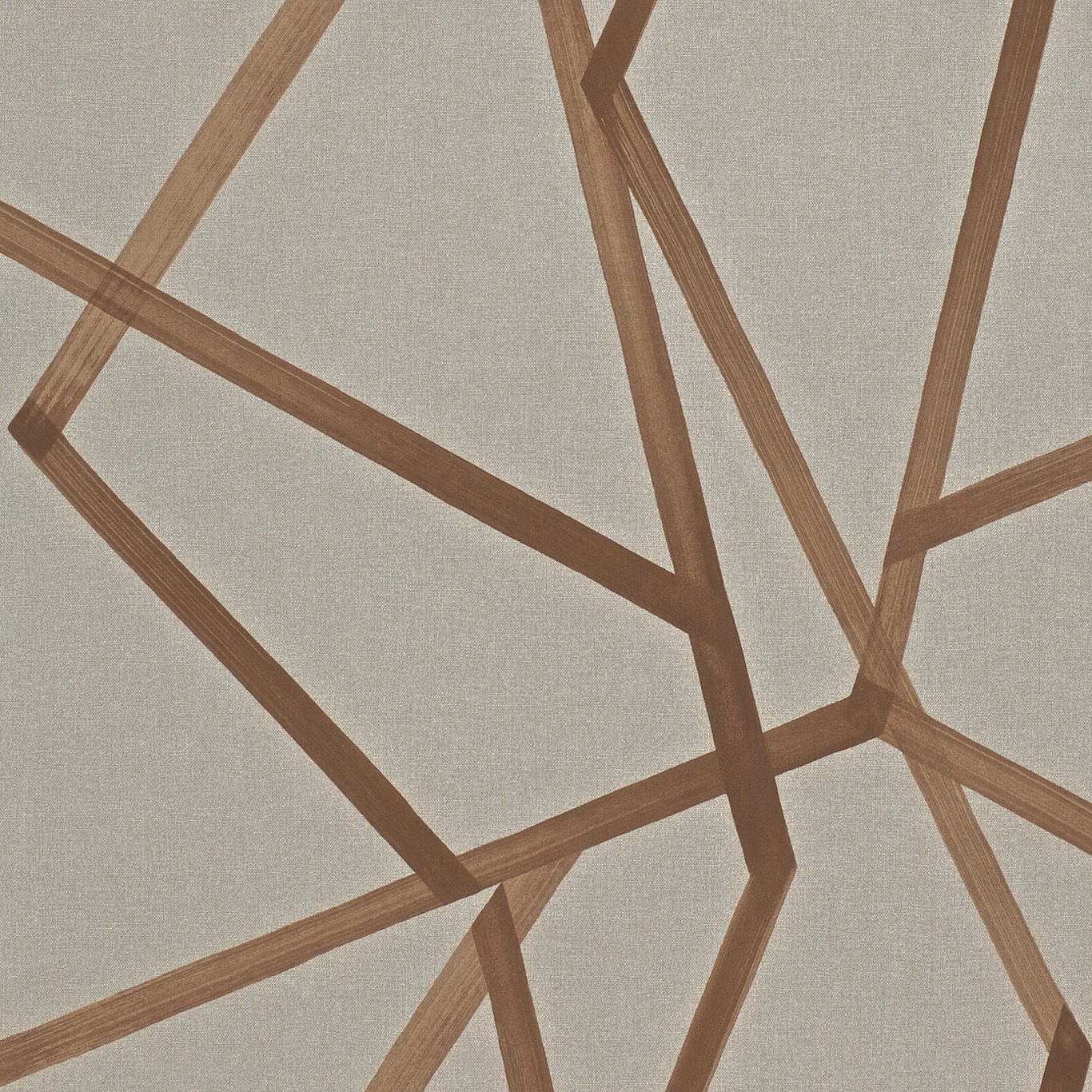 Warm taupe wallpaper with oversized angular copper-brown linear geometry and fine woven texture