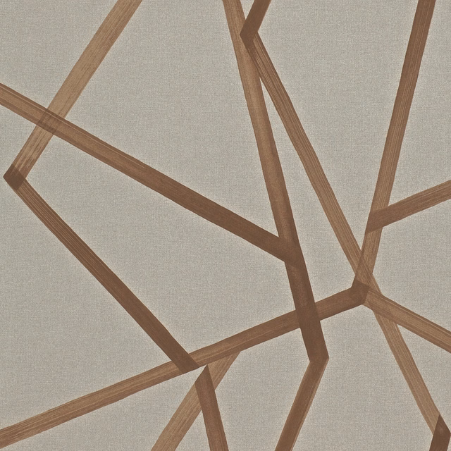 Warm taupe wallpaper with oversized angular copper-brown linear geometry and fine woven texture