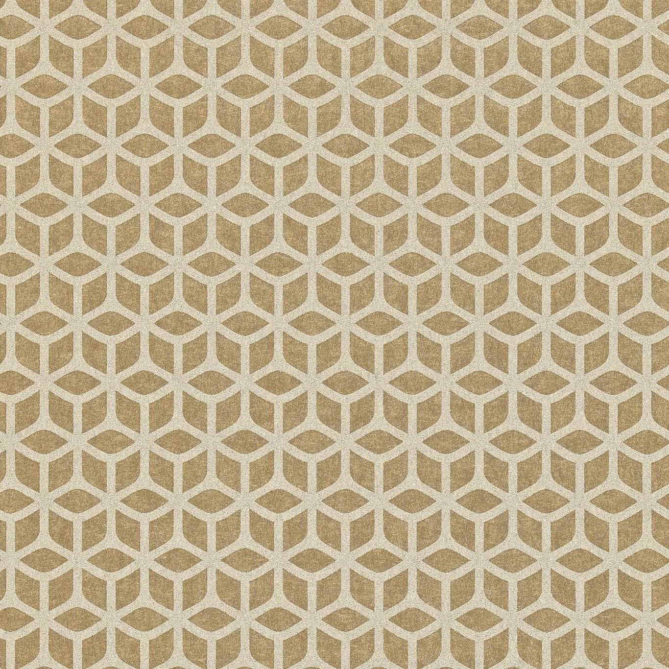 Muted rose-gold geometric trellis on a softly textured taupe wallpaper ground