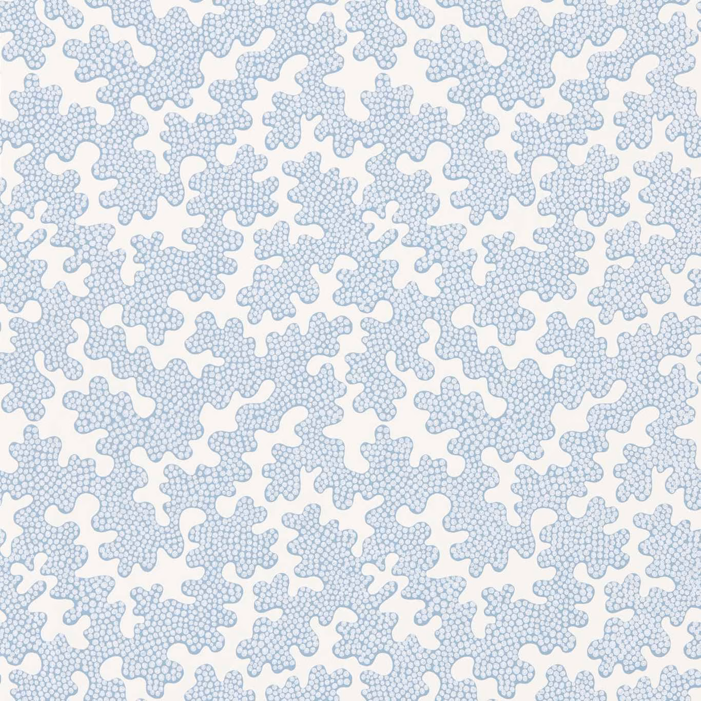 Pale cornflower-blue cellular tracery on a crisp white wallpaper ground