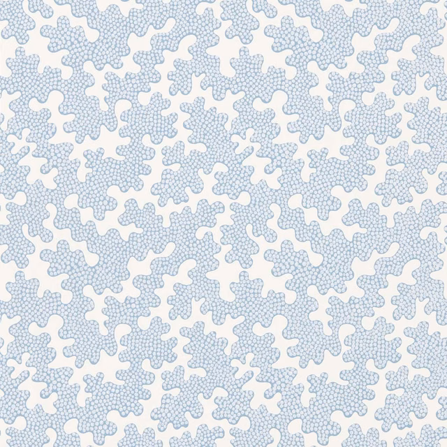 Pale cornflower-blue cellular tracery on a crisp white wallpaper ground
