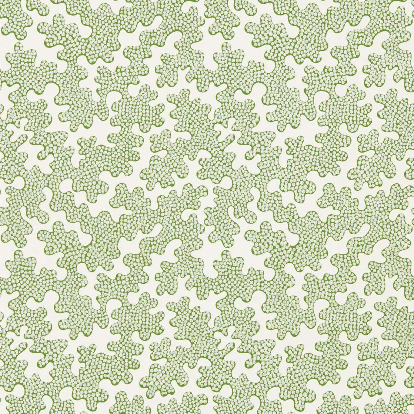 Pale sage wallpaper with cream spaces and dense green dotted organic motifs
