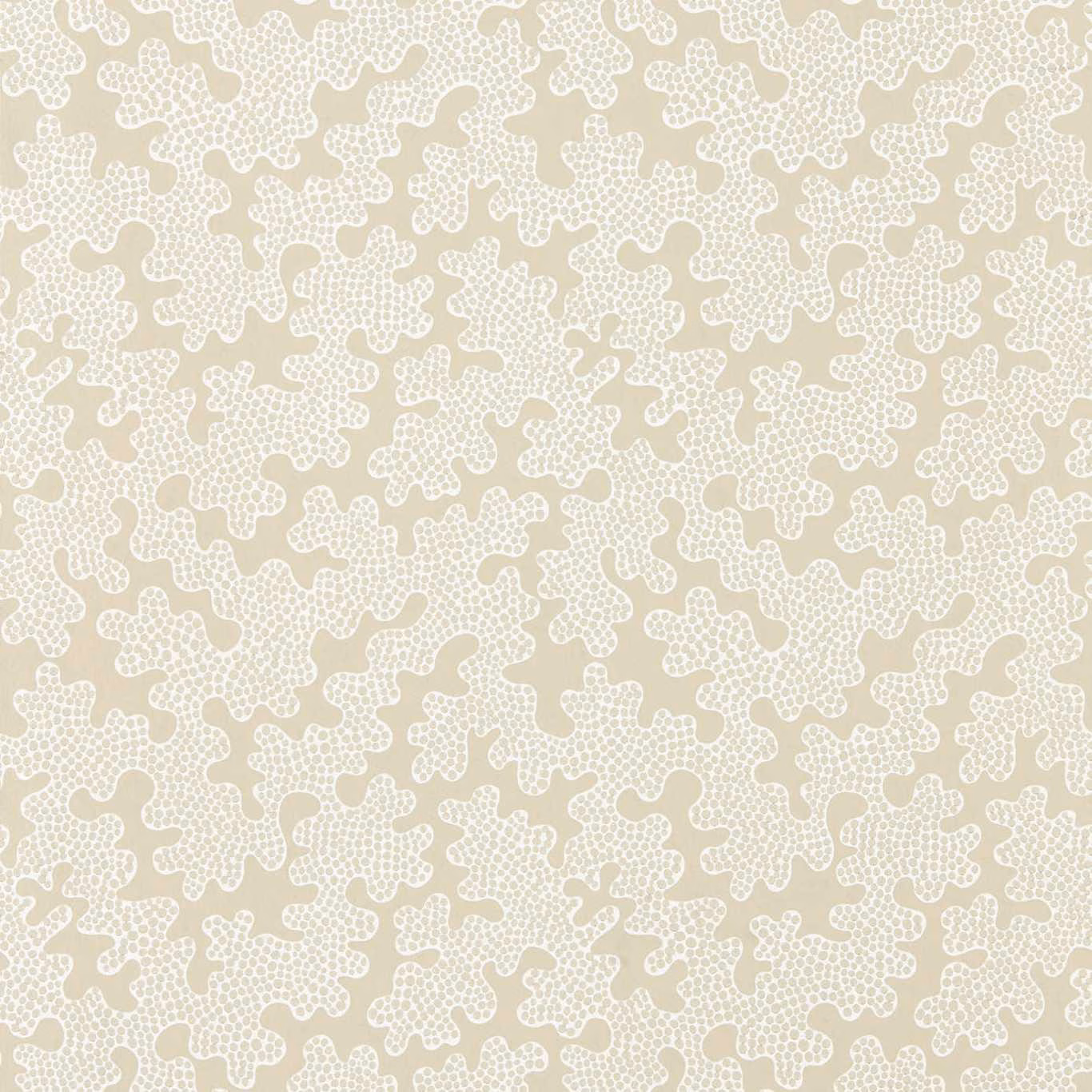 Pale mushroom-beige wallpaper with ivory dotted, irregular lace-like motifs