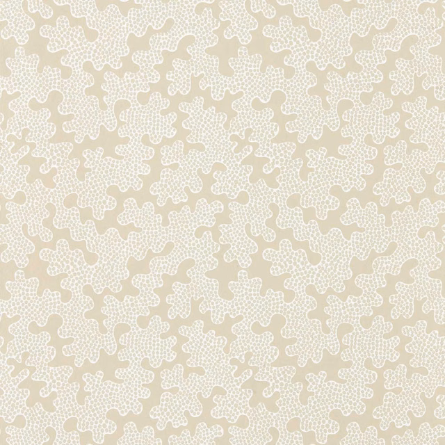 Pale mushroom-beige wallpaper with ivory dotted, irregular lace-like motifs