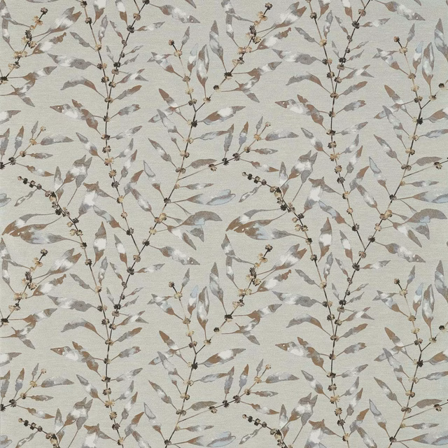 Pale grey-beige botanical fabric with muted brass leaves and ink branches