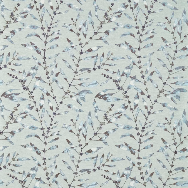 Pale seaspray fabric with indigo branches, berries and blue-grey leaves