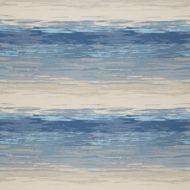 Layered indigo, sky-blue and parchment horizontal brushstrokes across a woven textile