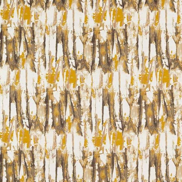 Cream fabric with vertical ochre and Temple Grey painterly brushstroke bands