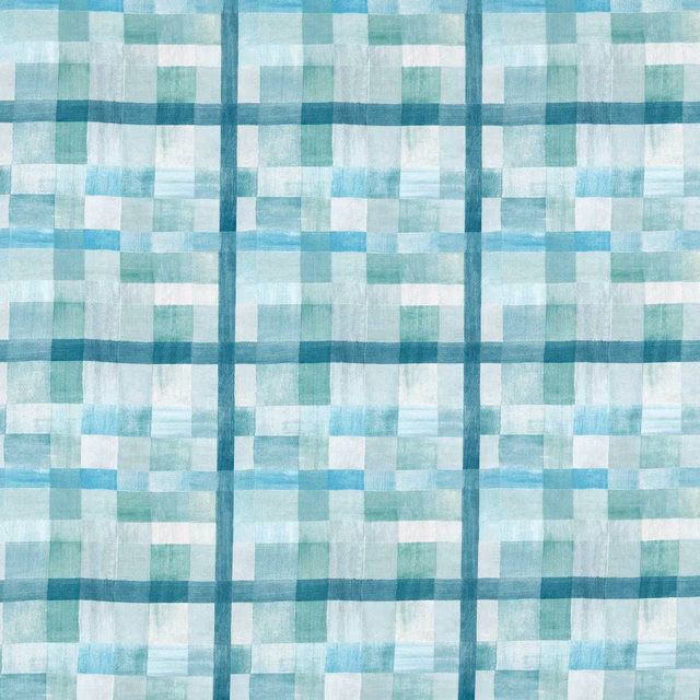Pale aqua and mint plaid fabric with grey-blue painterly bands and softly layered checks