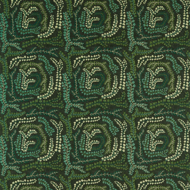Deep moss green fabric with repeating curled leafy motifs in pale succulent tones