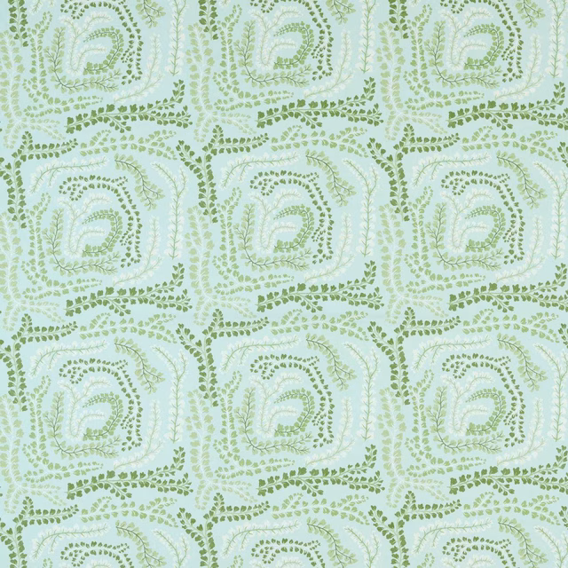 Pale seafoam fabric with clover-green dotted paisley squares and scrolling foliage