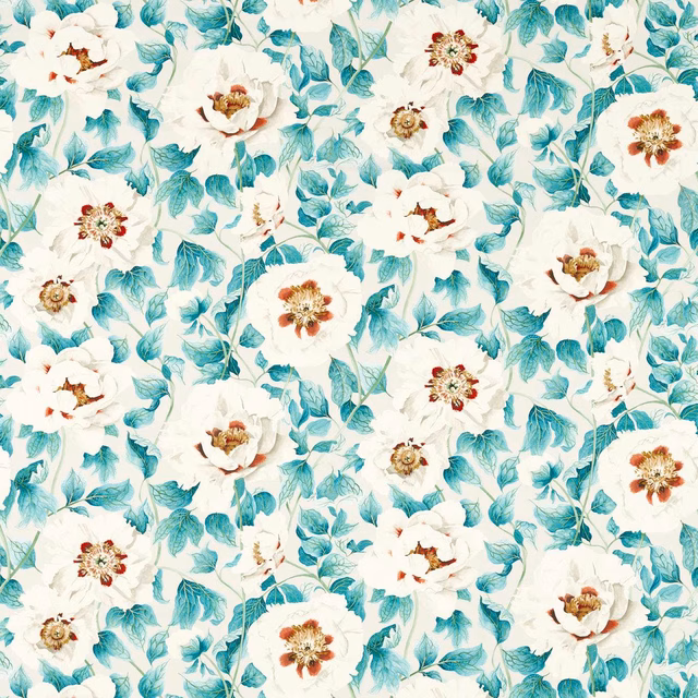 Cream floral fabric with cool lagoon leaves and rosehip-toned flower centres