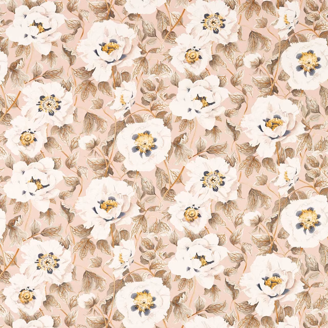 Blush floral fabric with ivory blooms, taupe leaves and graphite flower centres