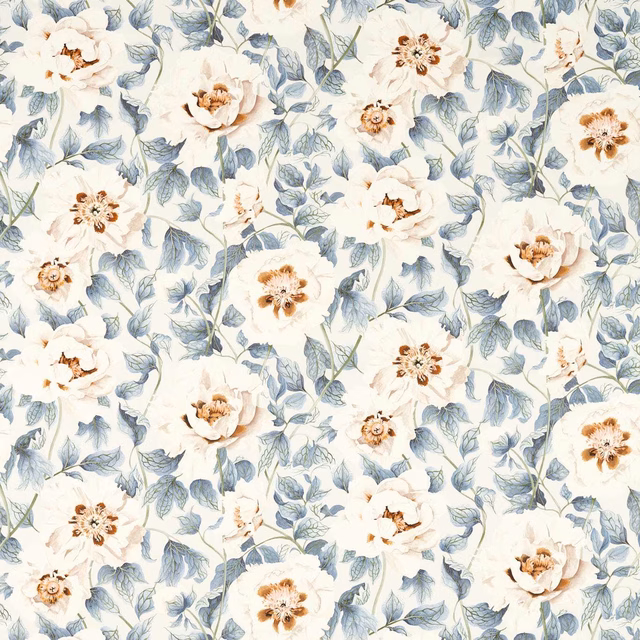 Ivory floral fabric with blue-grey leaves and clay flower centres