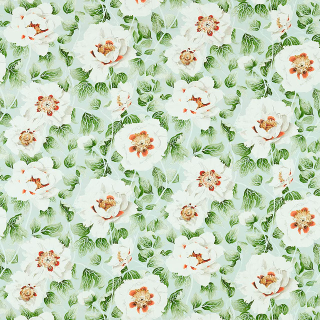 Pale sea-glass floral fabric with white blooms, green leaves and rosehip-red centres