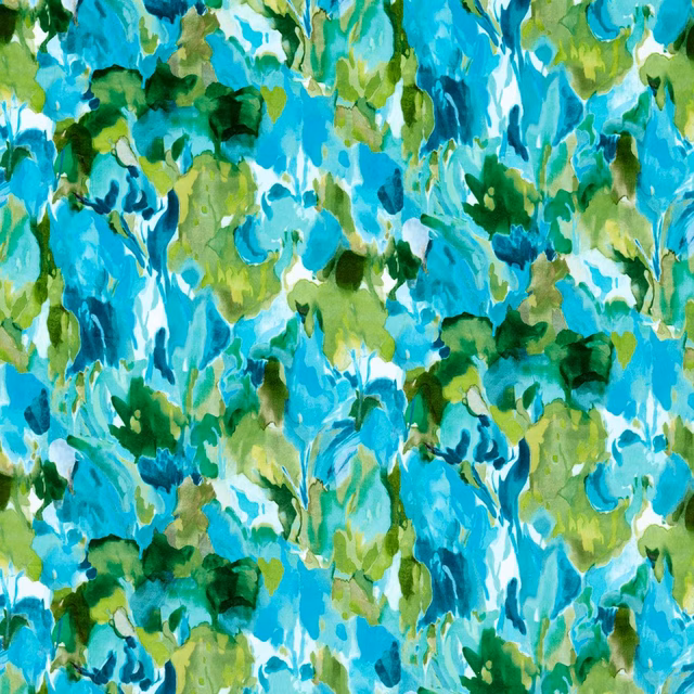 Close-up of aqua and turquoise painterly leaves layered with lime and forest green