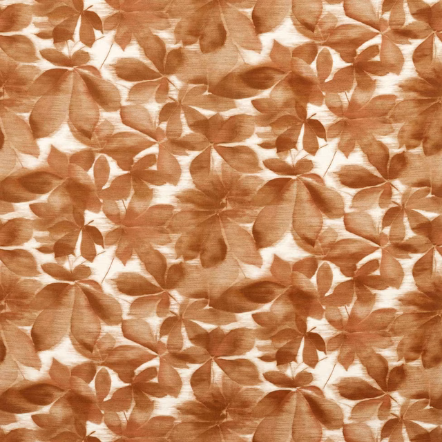 Warm baked terracotta leaves and flowers scattered across a parchment textile ground