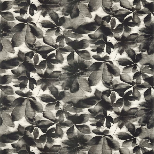 Charcoal and parchment leafy botanical textile with softly shaded, painterly foliage