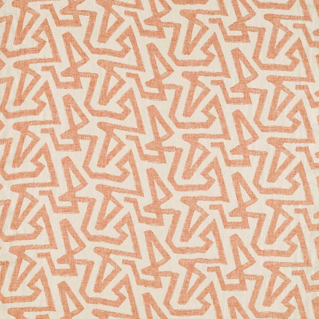 Warm beige woven fabric with muted rosewood interlocking geometric lines