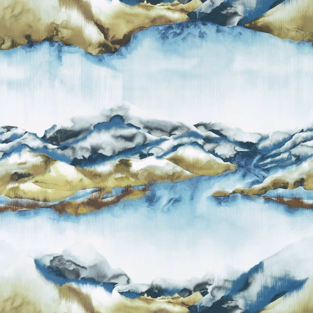 Lagoon-blue fabric with olive and charcoal painterly mountain bands