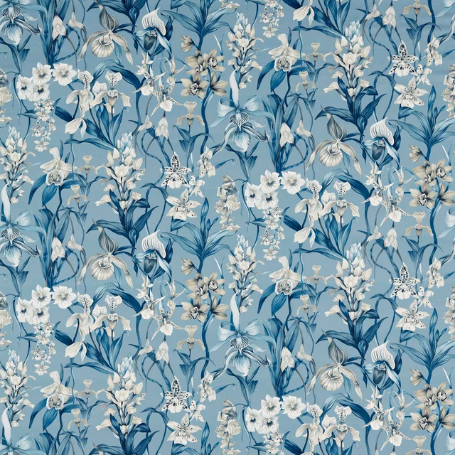 Muted blue-grey floral fabric with ivory blooms and navy leafy stems