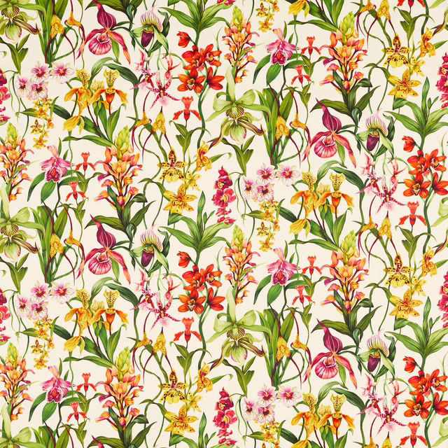 Parchment botanical fabric with forest leaves and vivid azalea, red, yellow flowers