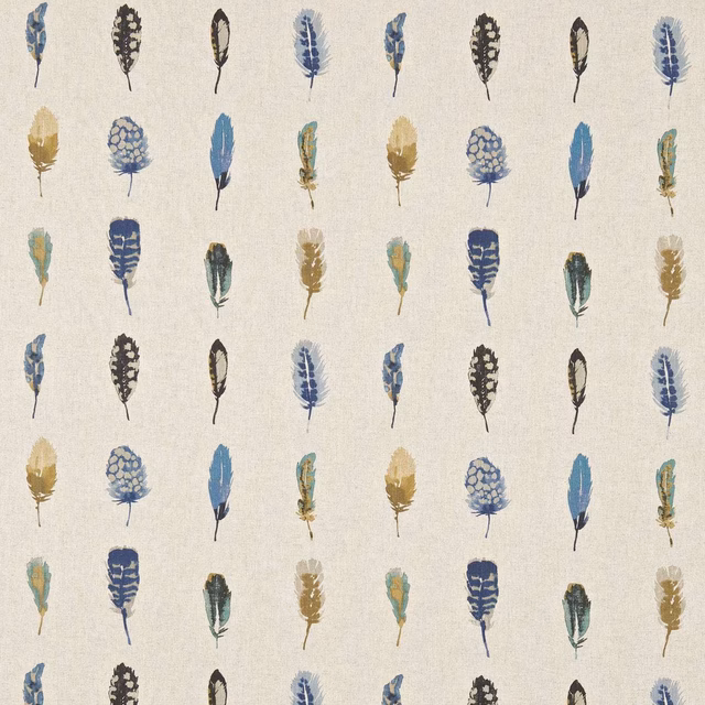 Stone textile with indigo, mustard, teal and charcoal feather motifs in a repeat