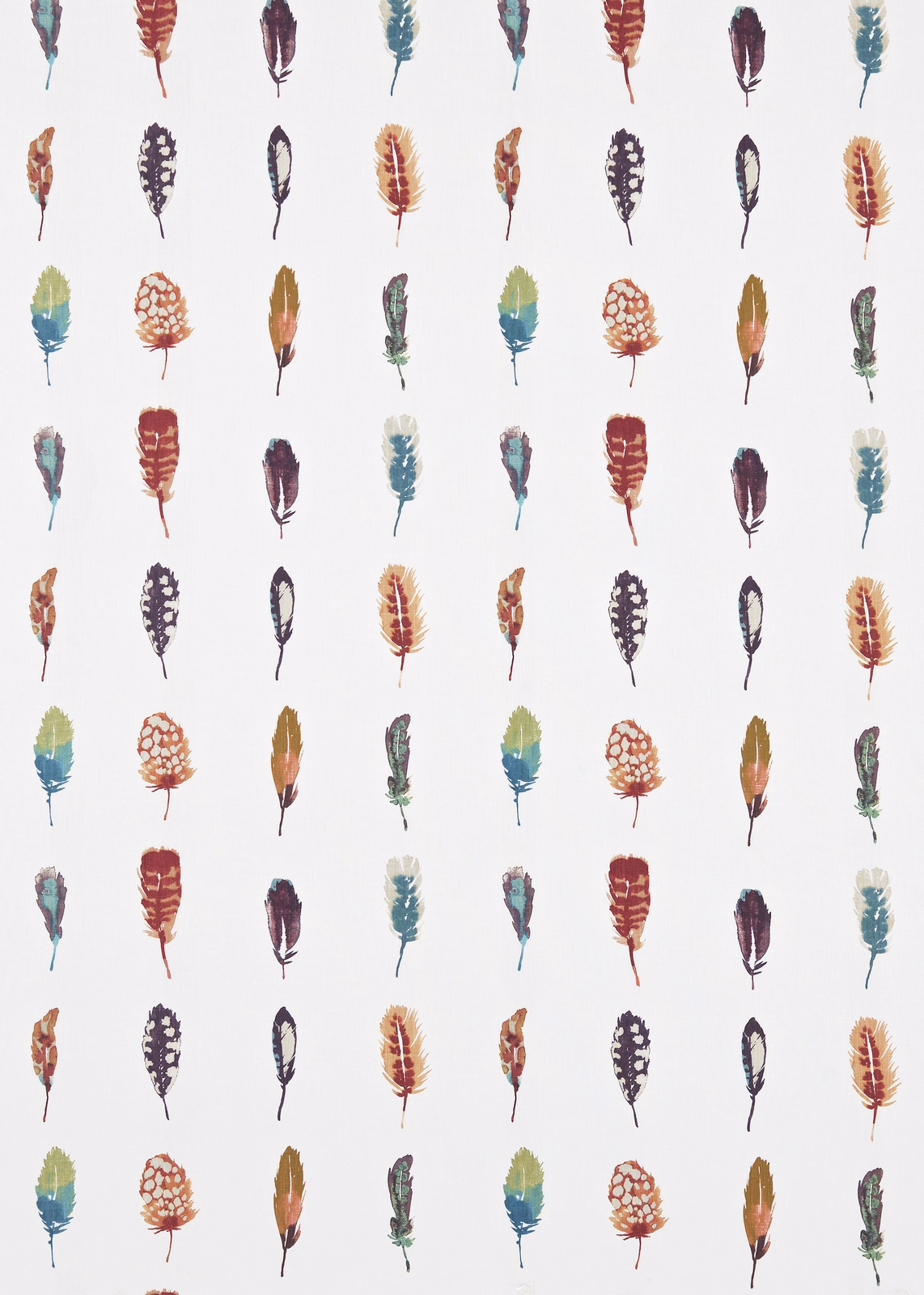 Off-white fabric with repeating papaya, teal, burgundy and plum feather motifs