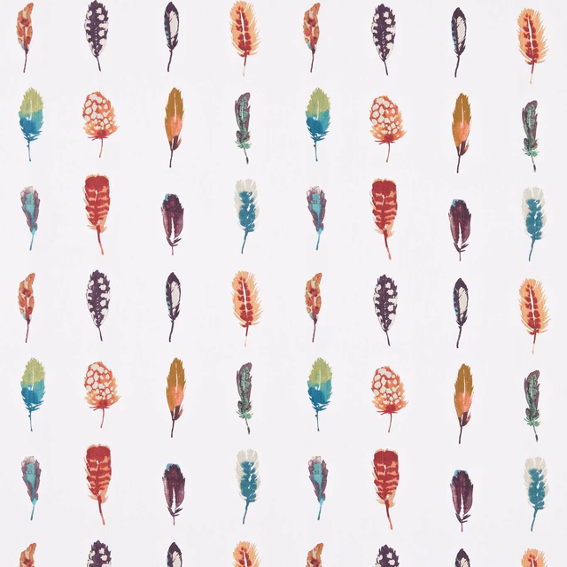 Off-white fabric with repeating papaya, teal, burgundy and plum feather motifs