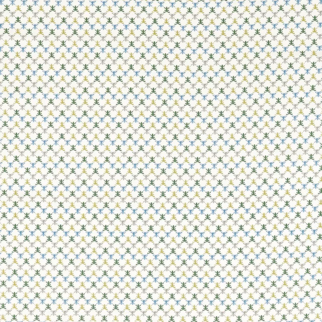 Tiny blue, olive and clay frog motifs on a pale cream fabric ground