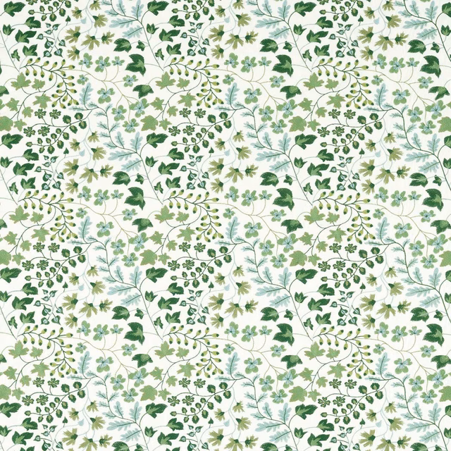 Cream botanical textile with sage and clover-green leaves in a dense repeat
