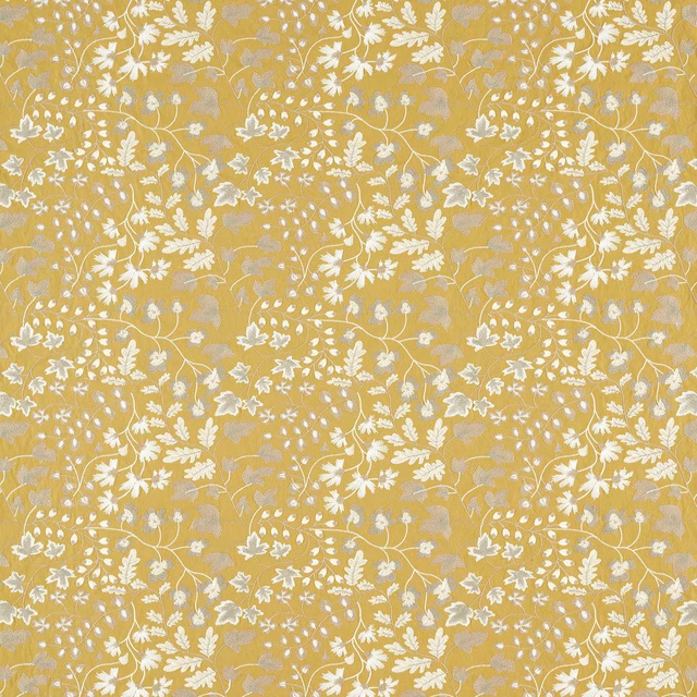 Muted ochre fabric with dense ivory flowering stems, leaves and chalky botanical detail