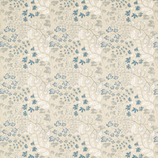 Putty ground with muted blue-grey trailing florals and fine leafy detail