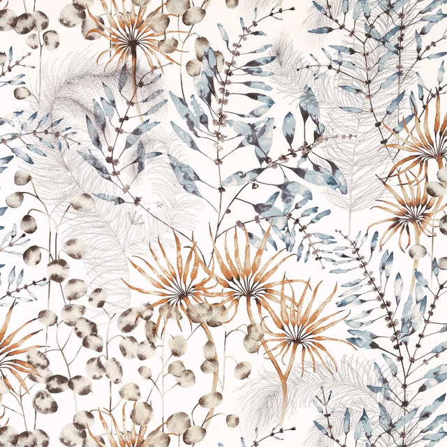 Cream botanical fabric with slate foliage, grey seed heads and amber starburst flowers