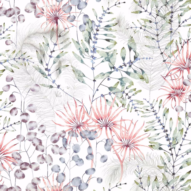 Ivory botanical fabric with mauve starbursts, sage fronds and blue-grey berry stems