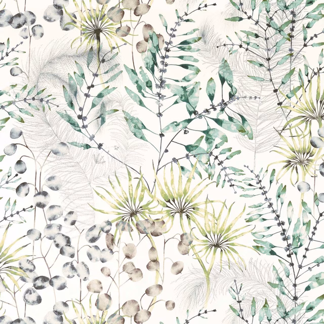 Ivory botanical fabric with lime starburst flowers, emerald stems and grey seed pods