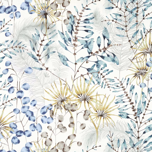 Pale lagoon botanical fabric with blue berries, olive starburst flowers and grey seed pods