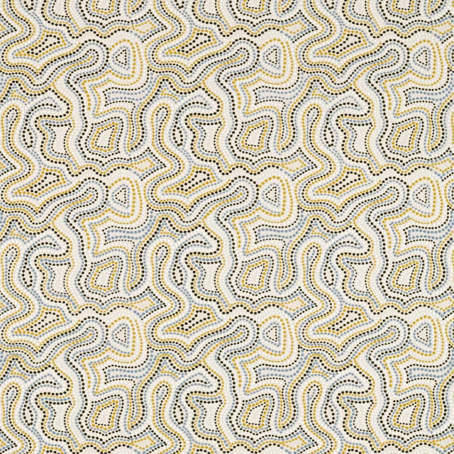 Cream woven fabric with charcoal contour lines and olive-gold organic motifs