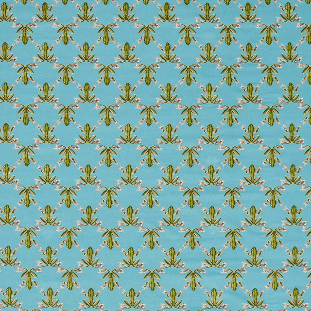 Cool aqua velvet with repeating olive and gold frog-like botanical motifs