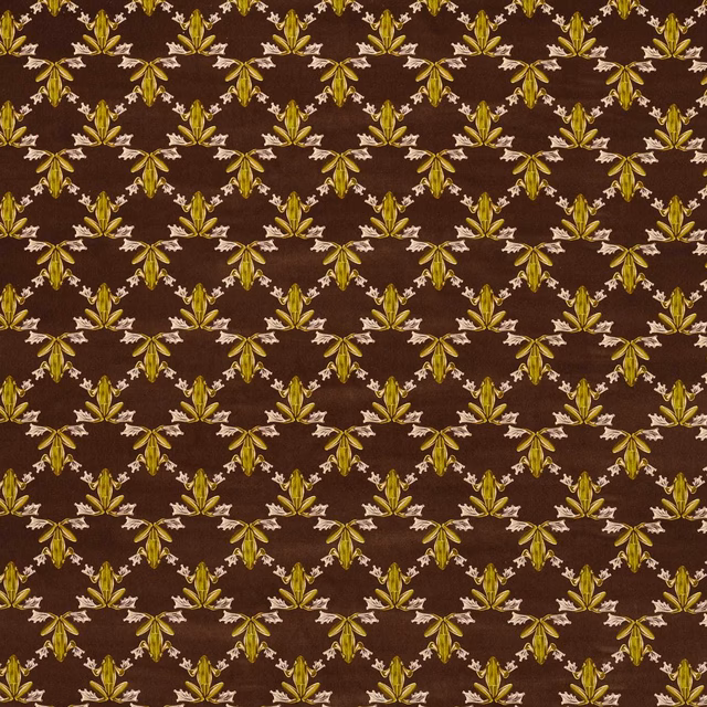 Chocolate-brown velvet with repeating pistachio leaf sprays and pale botanical accents